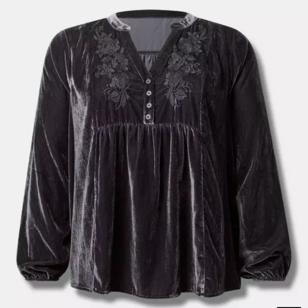 NWT Torrid Velvet  Embroidered Long Sleeve Blouse Size 1X (14-16) Boho Grey Top